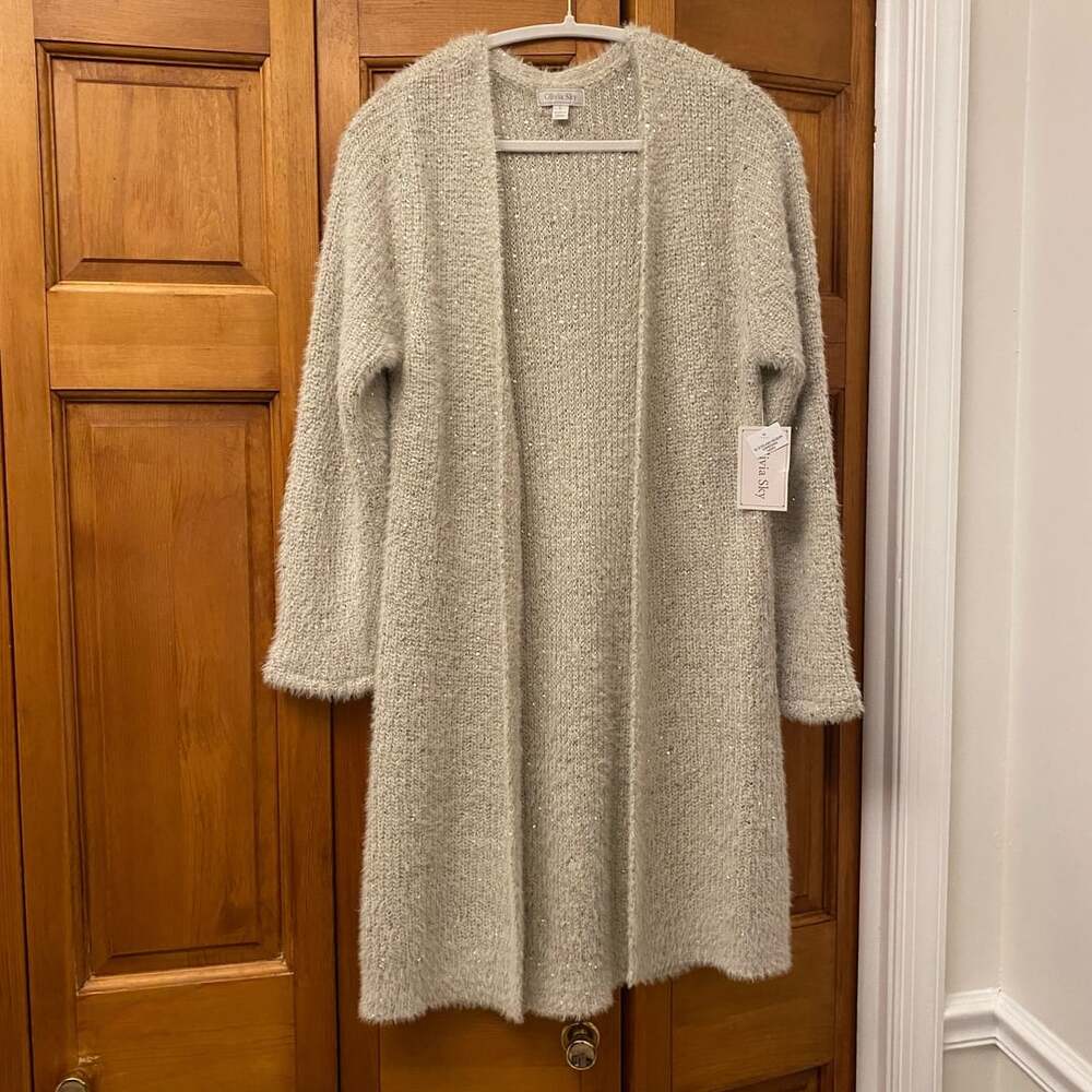 Olivia Sky Eyelash Sequin Cardigan Size L Open Front Duster Sweater New